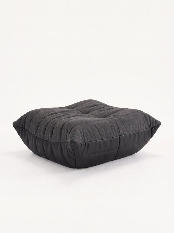 Pouf Ottoman Relax Composé Minuit – Cuir Véritable et Lin, Édition Noire